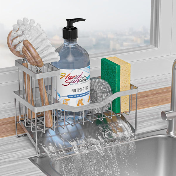 Sponge Holder for Kitchen Sink with Auto Draining Tray,Kitchen Sink Caddy Organizer with Rag Holder, Rustproof 304 Stainless Steel Kitchen Organizers