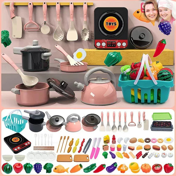 Kids Kitchen Toys Set 92 PCS Play Kitchen Accessories Kit with Play Pots Pretend Food Cooking Toy Toddler Girls Boy Gift