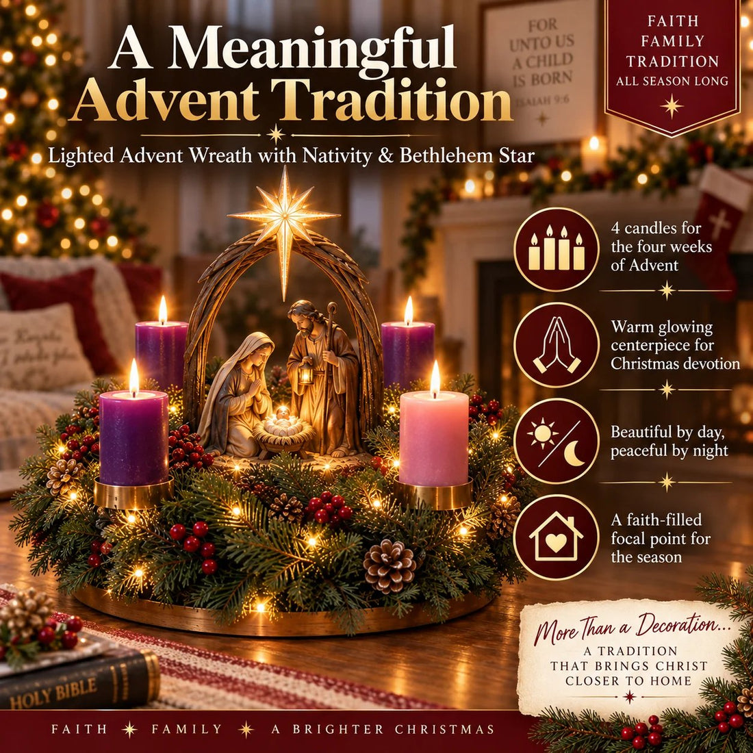 Lighted Nativity Advent Wreath – A Sacred 4-Week Christmas Tradition