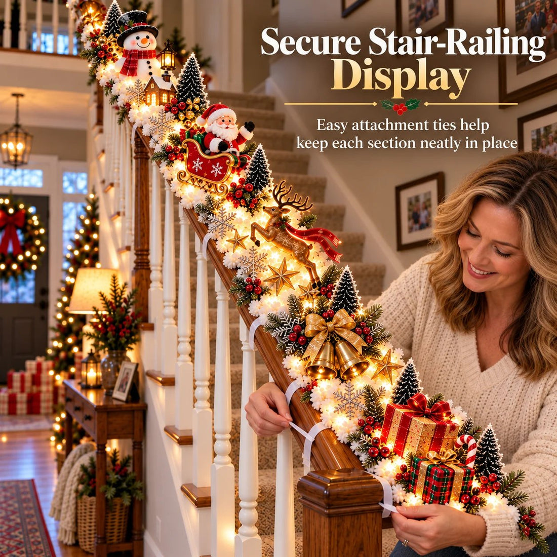 🎅 Santa’s Sleigh Snowy Stair Railing Decor