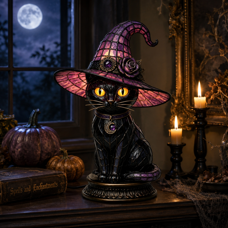 Gothic Halloween Witch and Cat Table Lamp