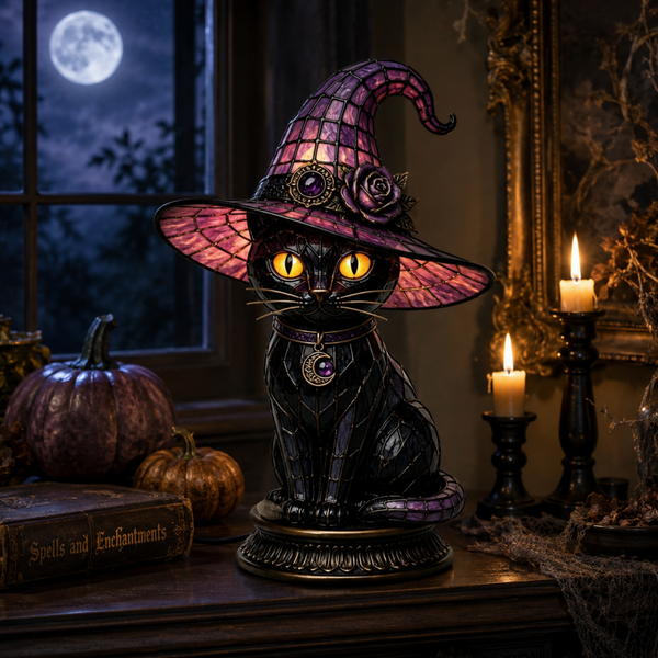 Gothic Halloween Witch and Cat Table Lamp